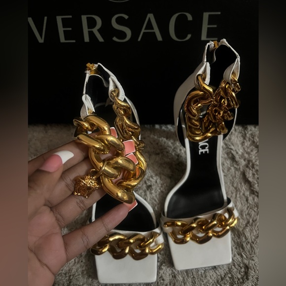 Versace White Heels with Gold Chain Detail - Picture 2 of 7